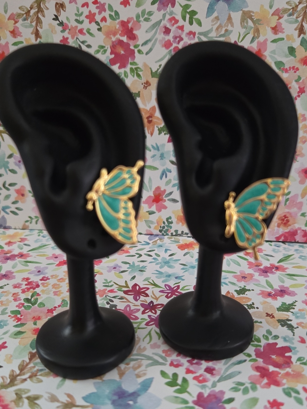 Gold and Teal Butterfly Stud Earrings - Women Jewelry